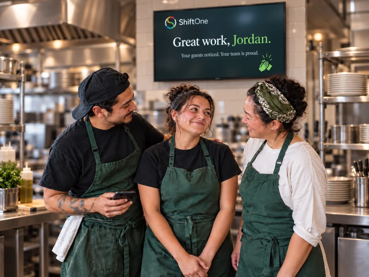Restaurant crew sharing a moment of appreciation in the kitchen, with ShiftOne recognition running on a Relay TV behind them.